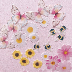 Edible Wafer Cake Cupcake Topper | Spring Flora & Fauna Pinks & Yellows - Set of 24