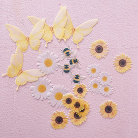 Edible Wafer Cake Cupcake Topper |  Yellow Florals & Fauna - Set of 24