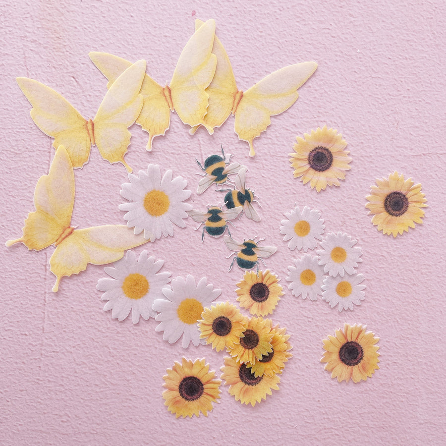 Edible Wafer Cake Cupcake Topper |  Yellow Florals & Fauna - Set of 24