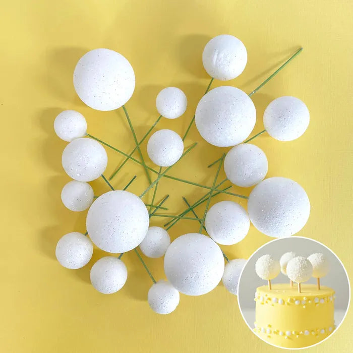 Glitter White Deco Foam Ball Round Cake Topper (20 piece)