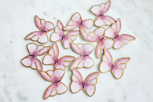 Edible Wafer Cake Cupcake Topper | Pink/Gold Butterfly (12/ Pack)