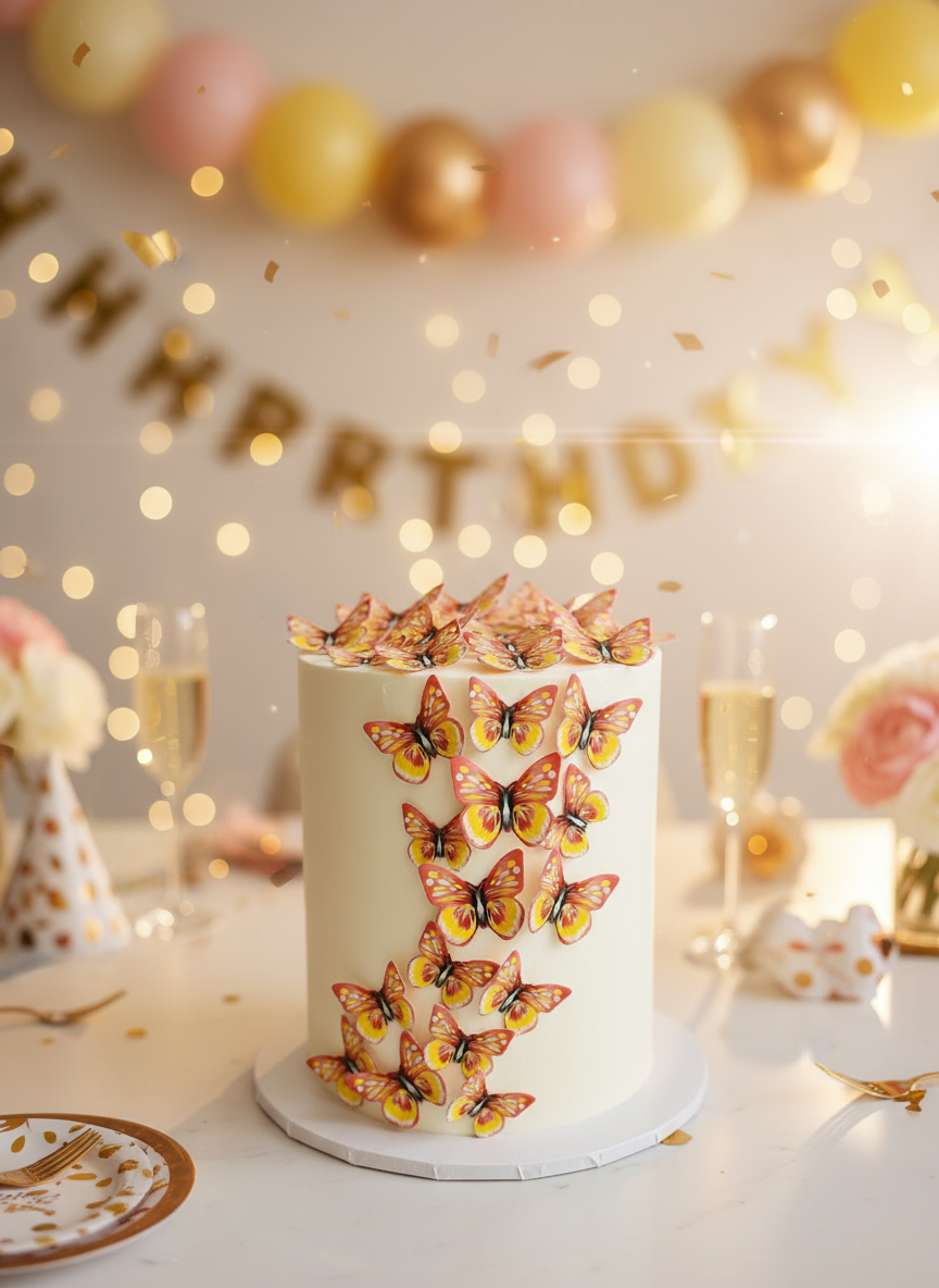 Edible Wafer Cake Cupcake Topper | Yellow Butterfly (with red & white) (12 Pack)