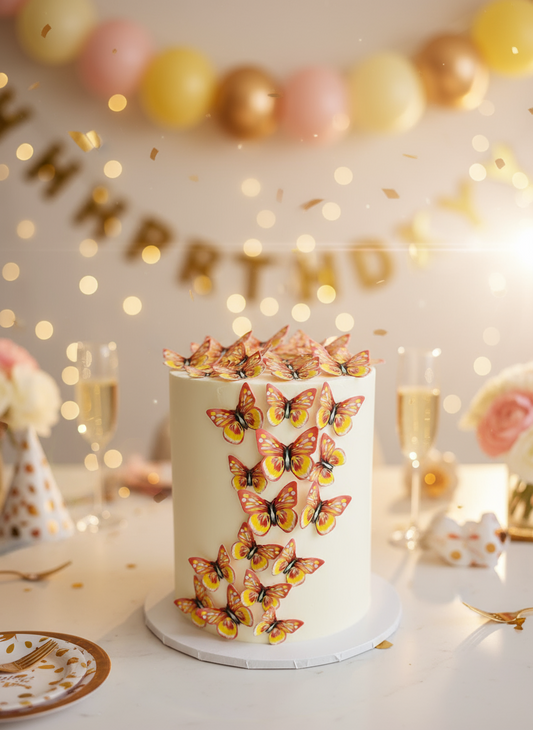 Edible Wafer Cake Cupcake Topper | Yellow Butterfly (with red & white) (12 Pack)