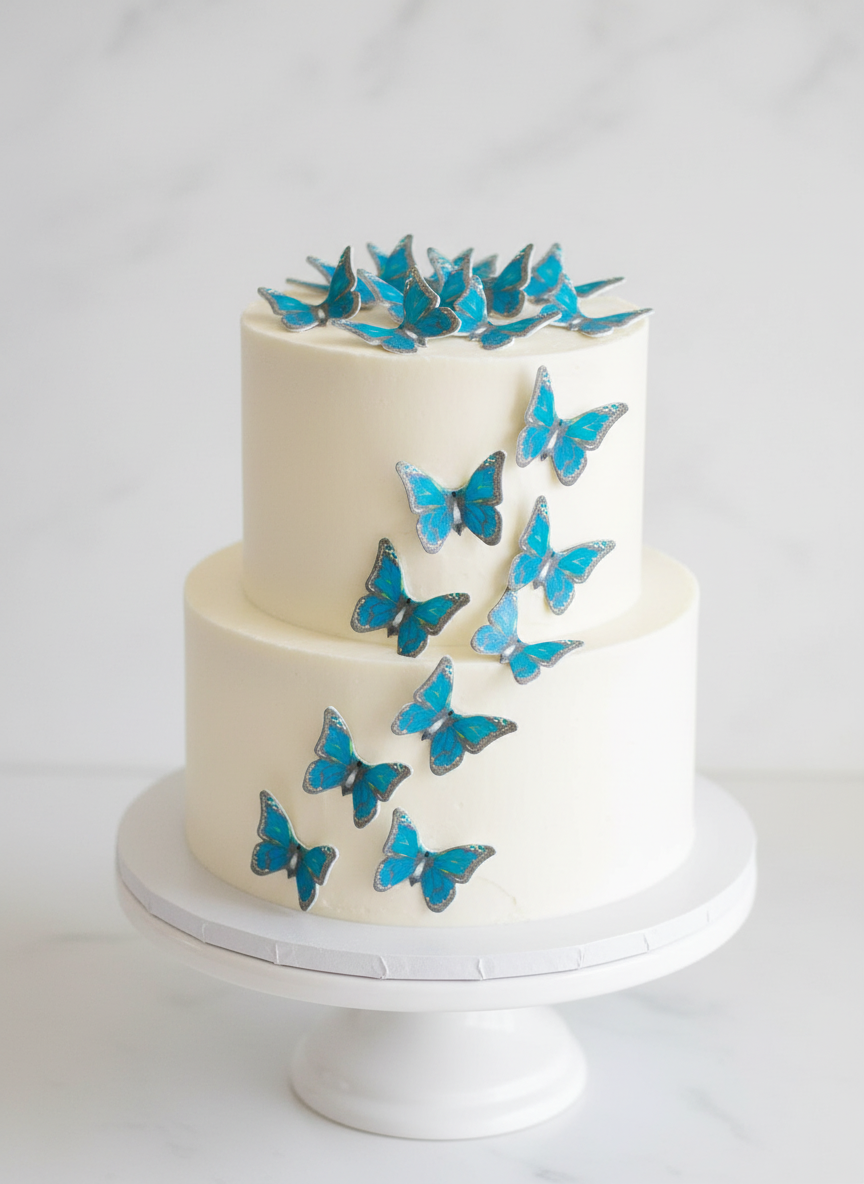 Edible Wafer Cake Cupcake Topper | Blue Butterfly (with grey border) (12 Pack)