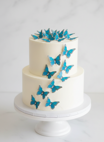 Edible Wafer Cake Cupcake Topper | Blue Butterfly (with grey border) (12 Pack)