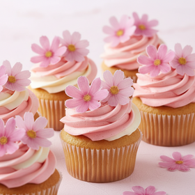 Edible Wafer Cake Cupcake Topper | Pink Cosmos Florals Flowers - Set of 15