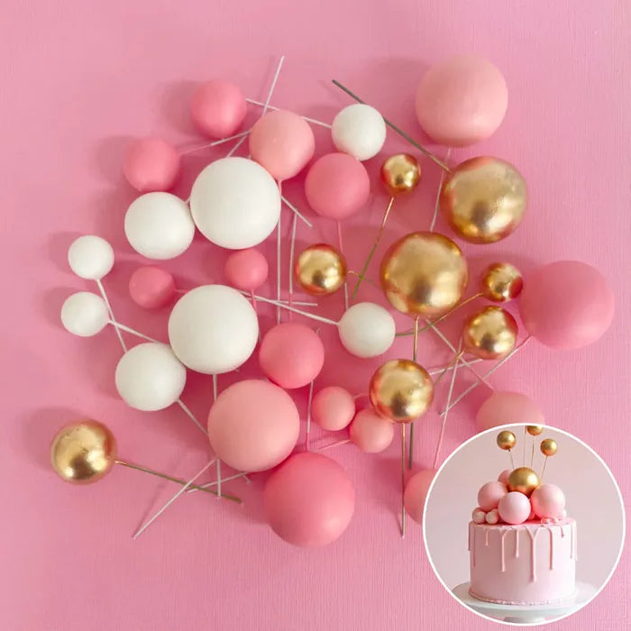 Pink, White & Gold Deco Foam Ball Round Cake Topper (32 piece)