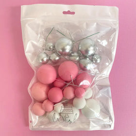 Pink, White & Silver Deco Foam Ball Round Cake Topper (32 piece)