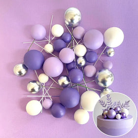 Purple, White & Silver Deco Foam Ball Round Cake Topper (32 piece)