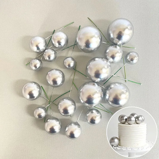 Shiny Silver Deco Foam Ball Round Cake Topper (20 piece)