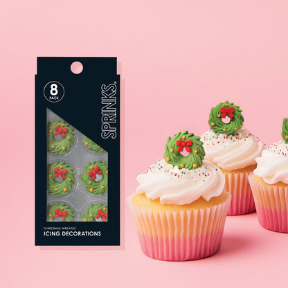 SPRINKS Icing Decorations - CHRISTMAS WREATHS (8 pieces) Edible Toppers
