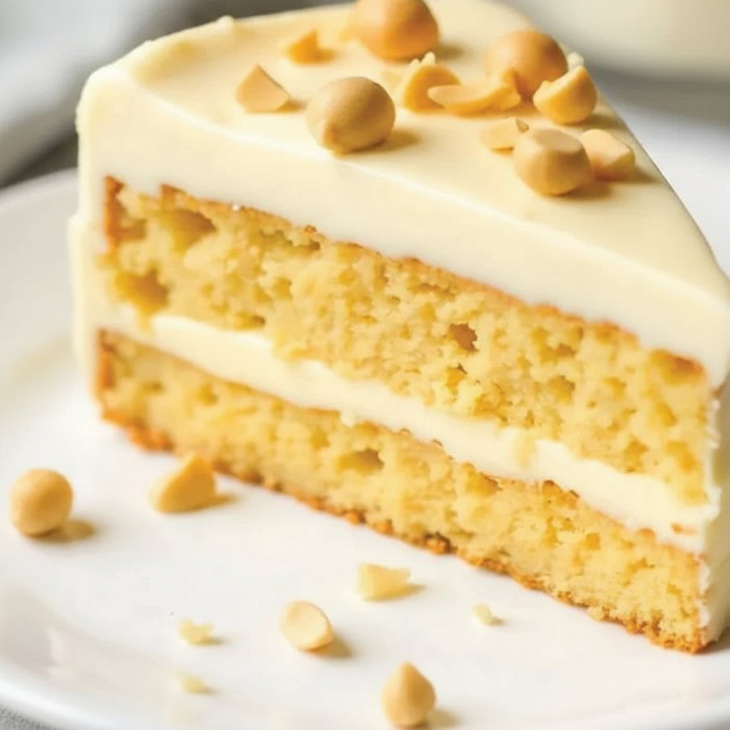 Slice of cake with white frosting and peanut pieces on a white background, with a '1KG' label.