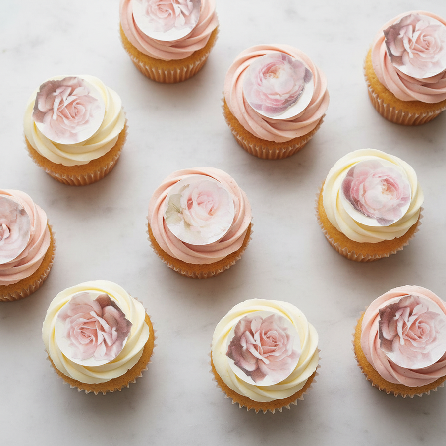 Edible Wafer Cake Cupcake Topper | Wafer Paper Pink Florals Flowers - Set of 24