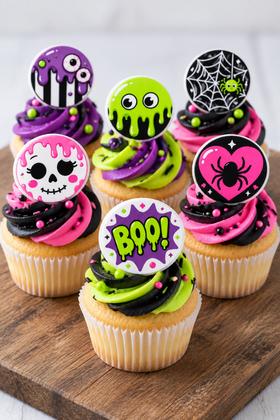 Halloween Neon Colour Mill style cupcake toppers on wooden board