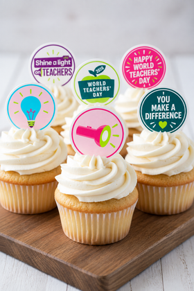 World Teachers' Day Sheet 2 cupcake toppers on vanilla cupcakes wooden board
