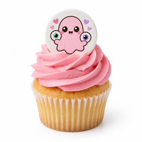 Pink ghost candy eyes edible topper on pink buttercream cupcake