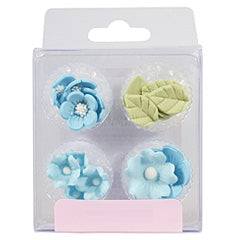 Blue Flowers & Leaves Edible Cupcake Toppers 16pcs