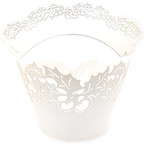 Christmas Holly Pearl White Lace Cupcake Wrappers 12pcs