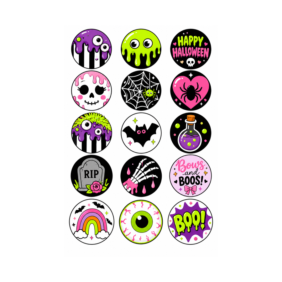 Halloween Neon Colour Mill Style 15 edible toppers full sheet uncropped all designs visible