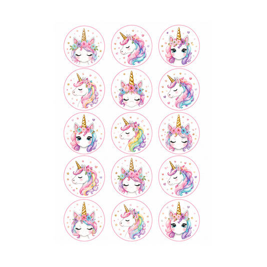 Watercolour Unicorn 15 edible toppers full sheet uncropped all designs visible