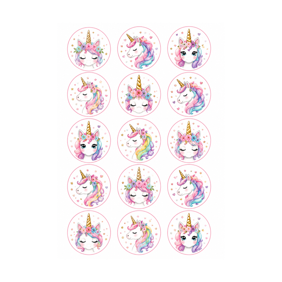 Watercolour Unicorn 15 edible toppers full sheet uncropped all designs visible