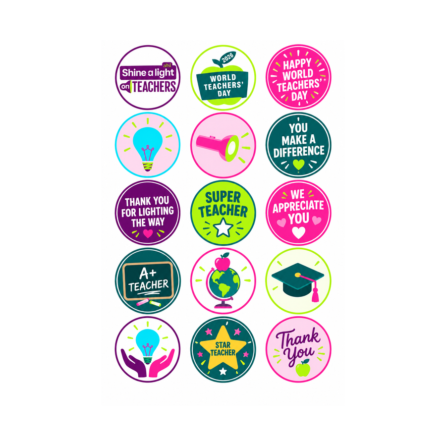 World Teachers Day 2026 Sheet 2 15 edible toppers full sheet uncropped all designs visible