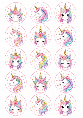 Watercolour Unicorn 15 edible cupcake cookie toppers A4 print sheet