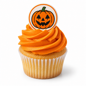 Halloween jack-o-lantern edible topper on orange buttercream cupcake
