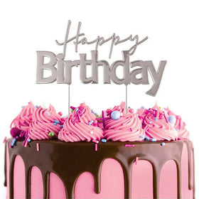 Happy Birthday Silver Metal Cake Topper