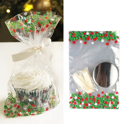 Christmas Holly Cupcake Bags w Base & Ribbon Ties 12pcs