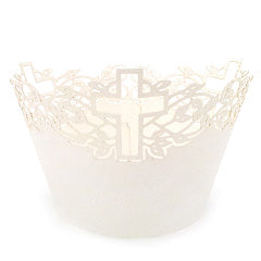 Mini Cross Pearl Antique White Lace Cupcake Wrappers 12pcs