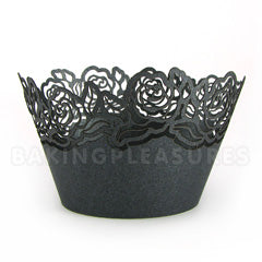 Rose Pearl Gunmetal Black Lace Cupcake Wrappers 12pcs