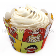 Sock Monkey Squares Cupcake Wrapper 12pcs (Reversible)