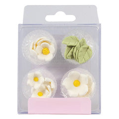 White Flowers & Leaves Edible Cupcake Toppers 16pcs